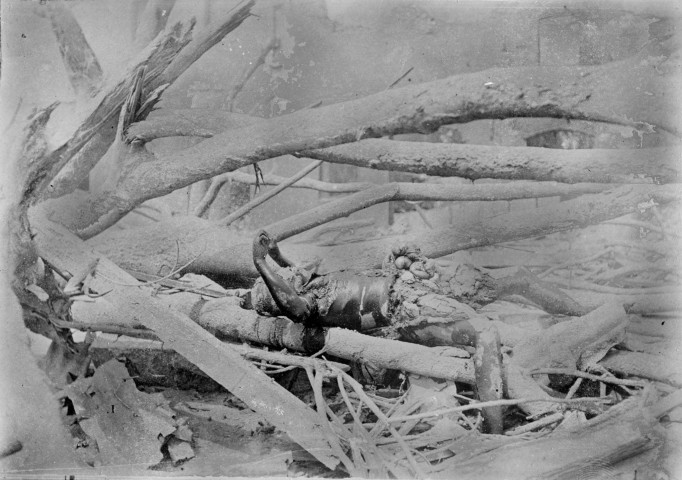 Saint-Pierre. Cadavre parmi les décombres sur la place Bertin après l'éruption du 08 mai 1902