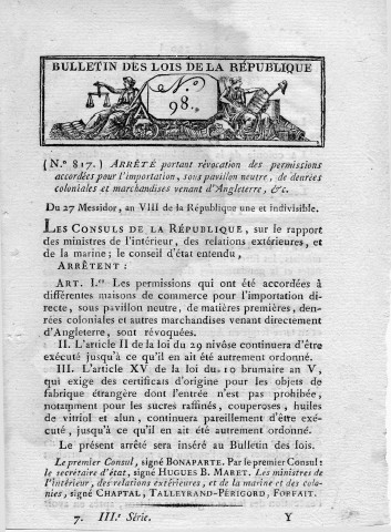 Bulletin des lois de la République (n° 98)