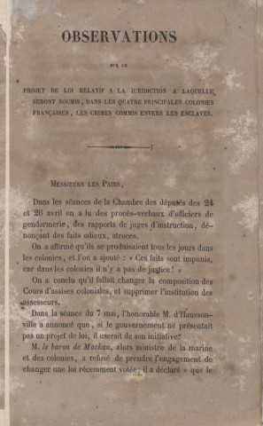 Observations présentées à la Chambre des pairs par le Conseil des délégués sur le projet de loi relatif à la juridiction à laquelle seront soumis, dans les quatre principales colonies françaises, les crimes commis envers les esclaves