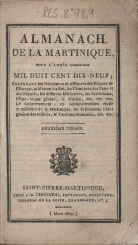 Almanach de la Martinique pour l’année commune 1819