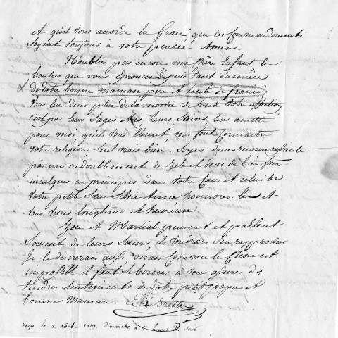 Famille de Brettes. Une lettre de 1819 de Sainte-Lucie