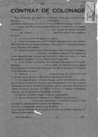 Contrat de colonage : imprimé vierge