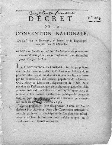 Décret n°1884 de la Convention nationale relatif à la faculté qu'ont tous les citoyens de se nommer comme il leur plaît, en se conformant aux formalités prescrites par la loi