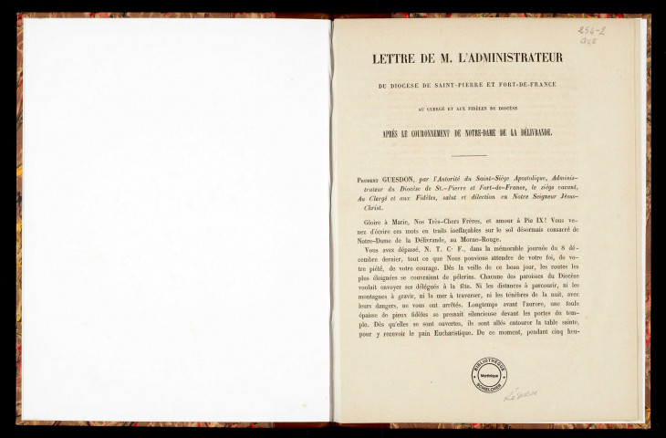 Lettre de M. l'administrateur du Diocèse de Saint-Pierre et Fort-de-France au clergé et aux fidèles du Diocèse : après le couronnement de Notre-Dame de la Délivrande