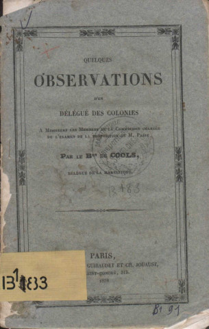 Quelques observations d’un délégué des Colonies à messieurs les membres de la commission chargée de l’examen de la proposition de M. Passy