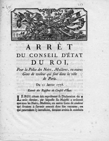 Police des noirs, mulâtres et autres gens de couleur à Paris : arrêt du Conseil d'Etat du roi