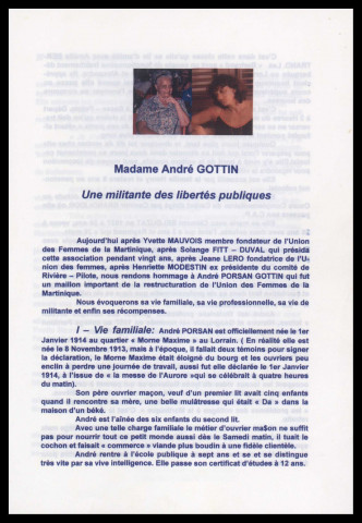 André Gottin : une militante des libertés publiques. Hommage rendu à André Gottin par Yvette Ebion, Yvette Guitteaud, Solange Fitte-Duval