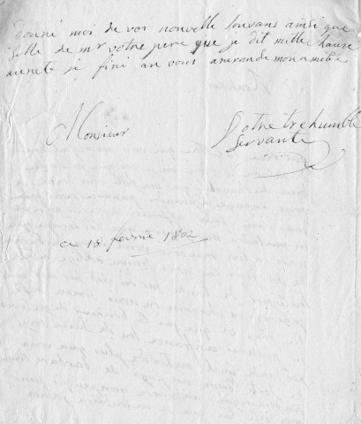 Guerre d'indépendance d'Haïti : lettre adressée à M. Belot fils à Blois "... nous somme dans une gair affreuse avec les negre et les mulatre mes jesper que les troupe que nous alon recevoir vont nous desbaracé de ces jans la ...". Saint-Domingue, le 18 février 1802