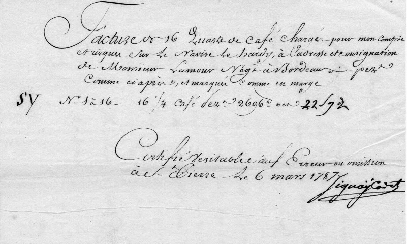 Facture de 16 quartes de café chargé sur le navire Le hardy pour monsieur Lamour, négociant à Bordeaux