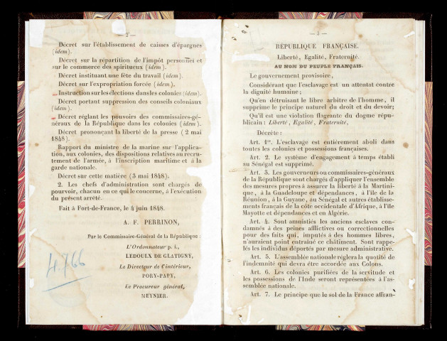Arrêté [promulgant] à la Martinique, les divers décrets du Gouvernement provisoire et leurs annexes, ci-après énumérés, relatifs à l'abolition de l'esclavage et à l'organisation de la liberté. [Fait à Fort-de-France, le 4 juin 1848]