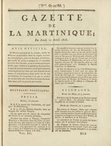 Gazette de la Martinique (1806, n° 67-68)