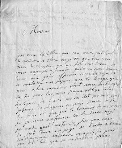 Guerre d'indépendance d'Haïti : lettre adressée à M. Belot fils à Blois "... nous somme dans une gair affreuse avec les negre et les mulatre mes jesper que les troupe que nous alon recevoir vont nous desbaracé de ces jans la ...". Saint-Domingue, le 18 février 1802