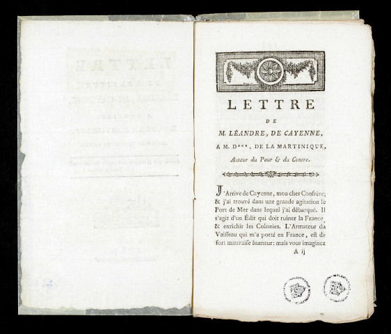 Lettre de Monsieur Léandre, de Cayenne à Monsieur D***, de la Martinique,auteur du pour et du contre