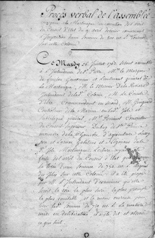 Imposition d'une somme de 500 mille livres tournois : procès-verbal de l'assemblée convoquée à la Martinique le mardi 26 juillet 1763 en exécution de l'arrêt du Conseil d'Etat du 9 avril 1763