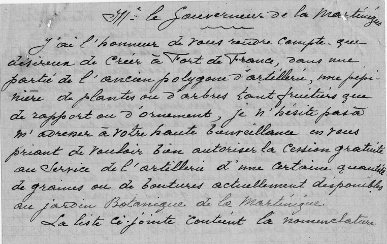 Création d'une pépinière à Fort-de-France. Cession de graines et d'arbustes du Jardin botanique de Saint-Pierre : correspondance