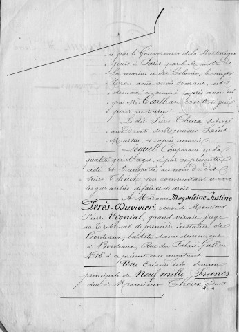 Transport de créance par M. Theux, propriétaire sur la commune de Basse-Pointe (Martinique) à Madame veuve Vignial. Etude de Me Casteja, notaire à Bordeaux