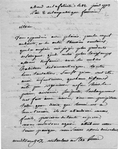 Lettre autographe du contre amiral Jean Raymond Lacrosse au contrôleur de Sainte-Lucie sur la situation de la Martinique en 1793