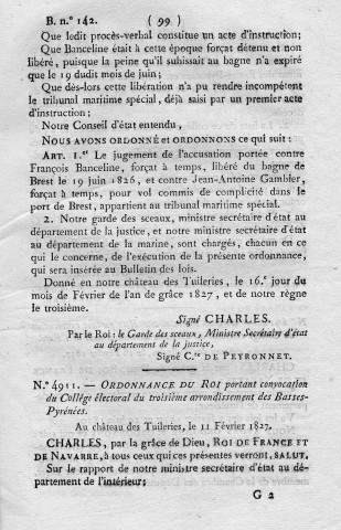 Ordonnance n° 4910 du 6 février 1827 portant que le jugement d'un forçat libéré, accusé d'un délit commis et poursuivi avant sa libération, relève du Tribunal maritime spécial, Bulletin des lois n° 142