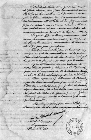 Poste de surveillant de la prise d'eau de la rivière l'Or. Contentieux entre la direction de l'Artillerie de la Martinique et M. Michel Vernest : correspondance