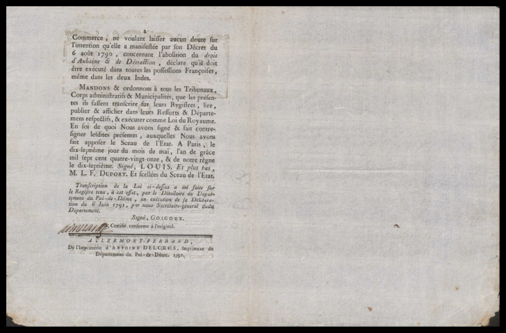 Loi portant que le décret du 6 août 1790 concernant l'abolition du droit d'aubaine et de détraction, doit être exécuté dans toutes les possessions françoise, même dans les deux Indes