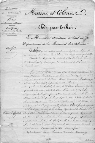 Décès du sieur Petit François Augustin, fusilier au 1er régiment de la marine, décédé à l'hôpital maritime de Saint-Pierre le 27 août 1836 : certificat de décès et lettre