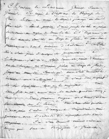 Lettre signée "Eugène Napoléon" au général Grenier concernant les propositions du roi de Naples Joachim Murat