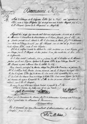 Commerce d'esclaves en Guyane française. Echange de la négresse Zilia âgée de vingt ans, contre le nègre Grégoire âgé de vingt deux ans : acte d'échange
