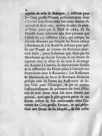 Transit des sucres raffinés dans le royaume : lettres patentes sur arrest données à Marly le 14 février 1730