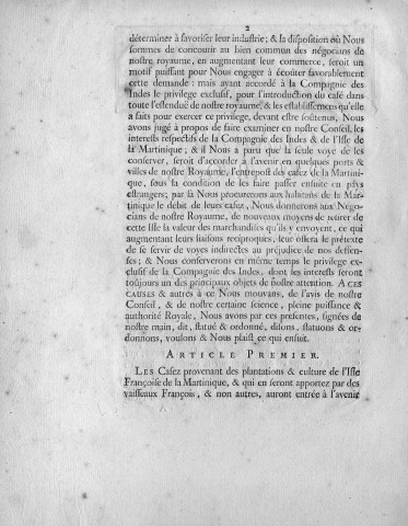 Importations de café provenant de la Martinique et des autres îles françaises de l'Amérique : déclaration du roi