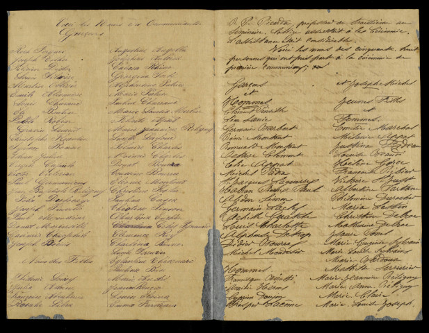 Compte rendu et liste nominative relatifs à la 1ère communion du 27/08/1884 et liste nominative des confirmés du 13/05/1885
