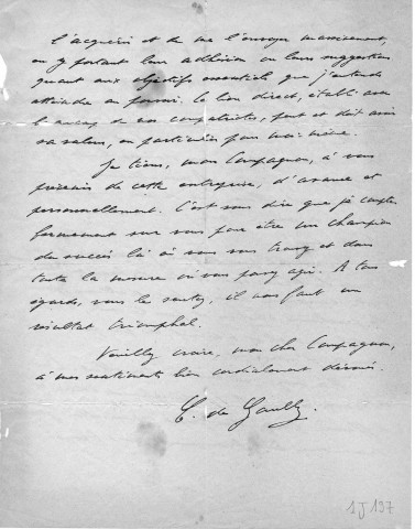 Elections législatives de juin 1951 : lettre circulaire du général De Gaulle aux Compagnons de la Libération les invitant à le soutenir à l'occasion des prochaines élections