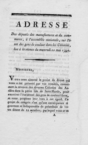 Etat des gens de couleur dans les colonies : discours des députés des manufactures et du commerce à l'Assemblée nationale