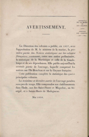 Notices statistiques sur les colonies françaises : imprimées par ordre de M. le vice-amiral de Rosamel, ministre de la Marine et des Colonies (tome II)