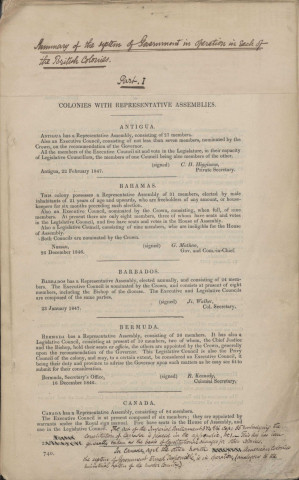 Forum of governement in the british colonies (summary of the system of government in operation ineach of the Bristish colonies)