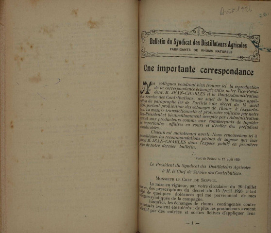 Bulletin du Syndicat des distillateurs agricoles (n° 08/1926 /2)