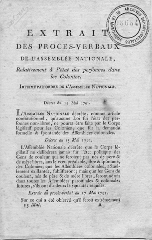 Etat des gens de couleur dans les colonies : extrait des procès verbaux de l'Assemblée nationale