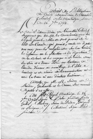 Situation de la colonie : extrait des délibérations du Comité intermédiaire de l'Assemblée coloniale et copies des lettres adressées par les membres dudit comité à MM. les commissaires civils délégués aux îles du vent