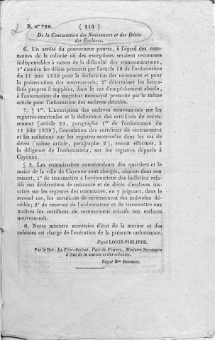 Ordonnance n° 8566 du 18 mars 1840 concernant l'exécution, à la Guyane française de l'ordonnance du 11 juin 1839 sur les recensements dans les colonies (Bulletin des lois n° 720)