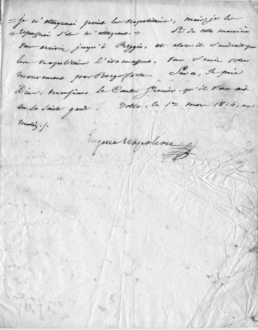 Lettre signée "Eugène Napoléon" au général Grenier concernant les propositions du roi de Naples Joachim Murat