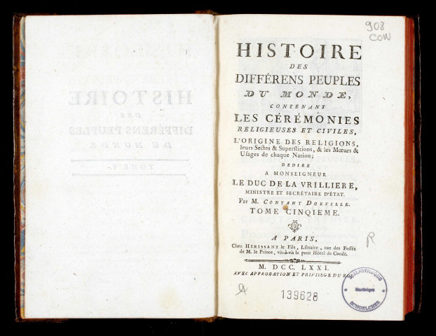 Histoire des différens peuples du monde, contenant les cérémonies religieuses et civiles, l'origine des religions, leurs Sectes & Superstitions, et les Moeurs et usages de chaque Nation