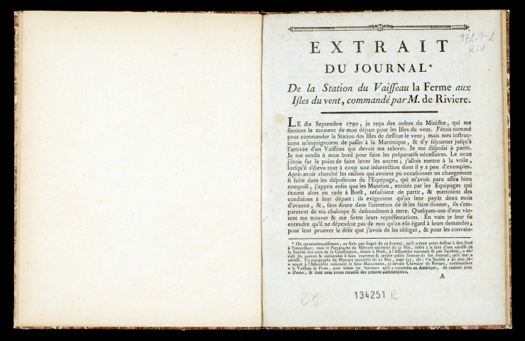 Extrait du journal de la station du vaisseau la Ferme aux Isles du Vent, commandé par M. de Riviere