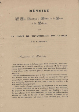 Droit de transmission des offices d'avoués et de notaires à la Martinique : mémoire adressé au ministre de la marine et des colonies