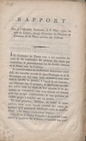 Rapport fait à l’Assemblée Nationale le 8 Mars 1790, au nom du Comité des Colonies