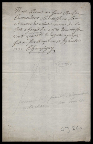 Note de Champigny, gouverneur de la Martinique, autorisant la vente de la cargaison d'esclaves du Mercure