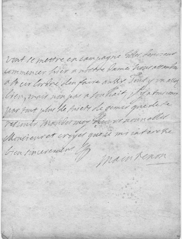 Lettre manuscrite de Mme de Maintenon à monsieur l'évêque et comte de Noyon