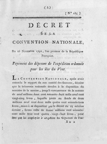 Payement des dépenses de l'expédition ordonnée pour les îles du vent (décret de la Convention nationale, n° 184)