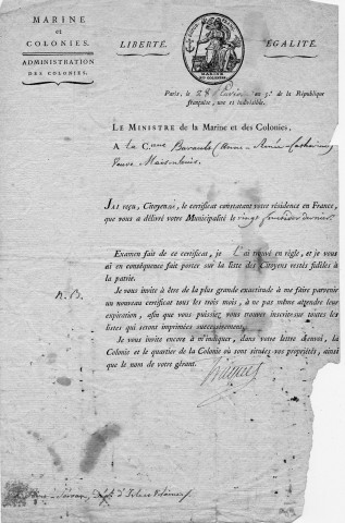 Récépissé de résidence délivré par le ministre de la marine et des colonies à la citoyenne Barault Anne-Renée-Catherine, veuve Maisonlouis