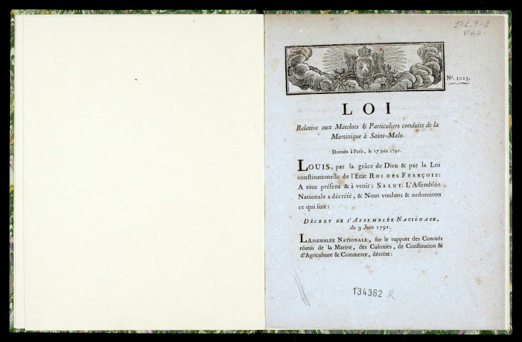 Loi relative aux matelots & particuliers conduits de la Martinique à Saint-Malo