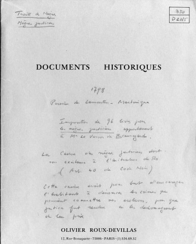 Paiement de la capitation, de l'impôt sur les maisons, les bâtiments garde-côtes, les nègres justifiés : reçus délivrés à M. Levassor de Beauregard