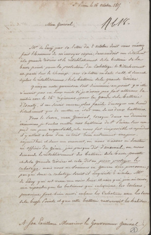 Affaires militaires : lettres du baron de Labarthe, officier supérieur en poste à Saint-Pierre, adressées au comte de Vaugiraud, gouverneur général des Antilles